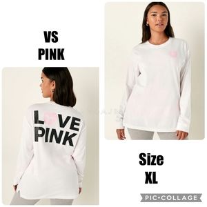 VS PINK Optic White Pink Originals Long Sleeve Campus Crew Tee Oversized XL NEW